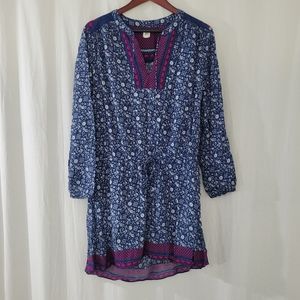 EUC GAP Blue/Pink Floral Patterned Long Sleeve Dress V-Neck Front Tie